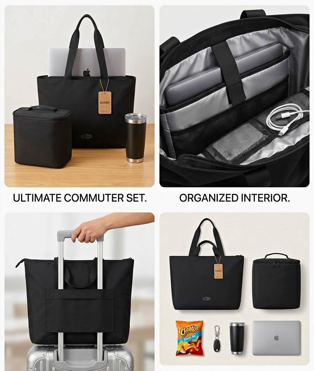 NWT BAGSMART Black Laptop Work Tote & Matching Lunch Bag Commuter Set